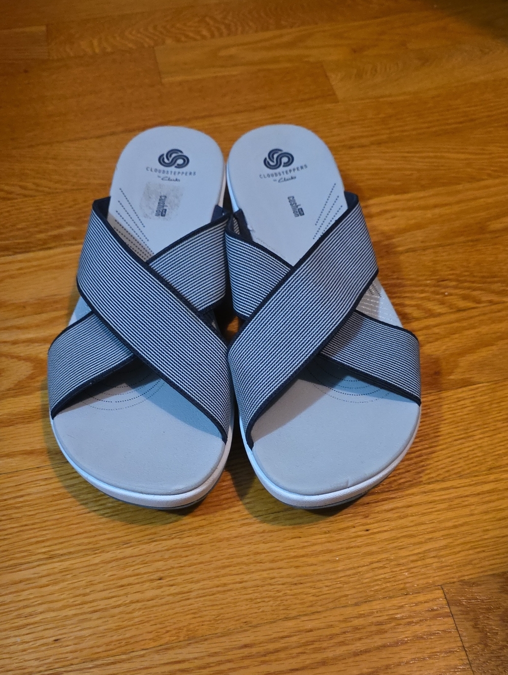 Cloudsteppers by Clarks Black and Light Gray Crisscross Slide Sandals